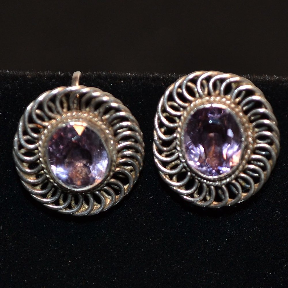 Silver Amethyst Screw-backs Earrings - Vintage